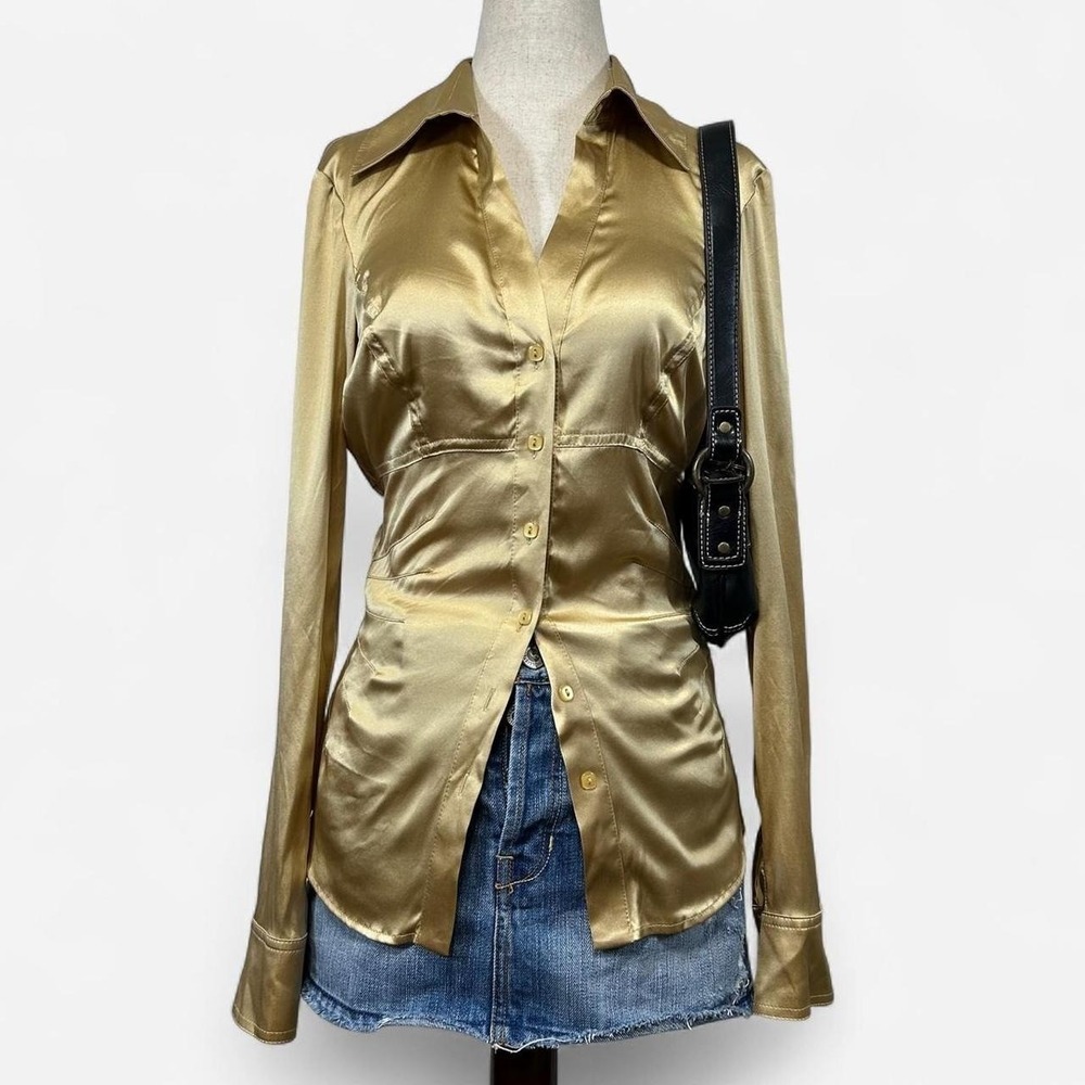 Y2K Cache Silk Gold Button Up Collared Top Womens S Glam Party